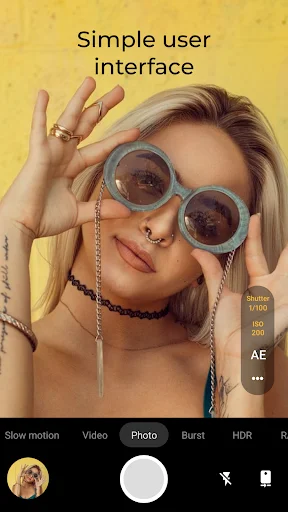 Footej Camera simple user interface featuring portrait photography mode with slow motion, video, photo, burst and HDR shooting modes