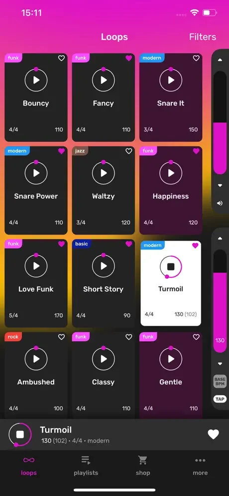 Drum Loops app home screen showing grid of funk and jazz beats with play buttons, genre tags, and BPM values