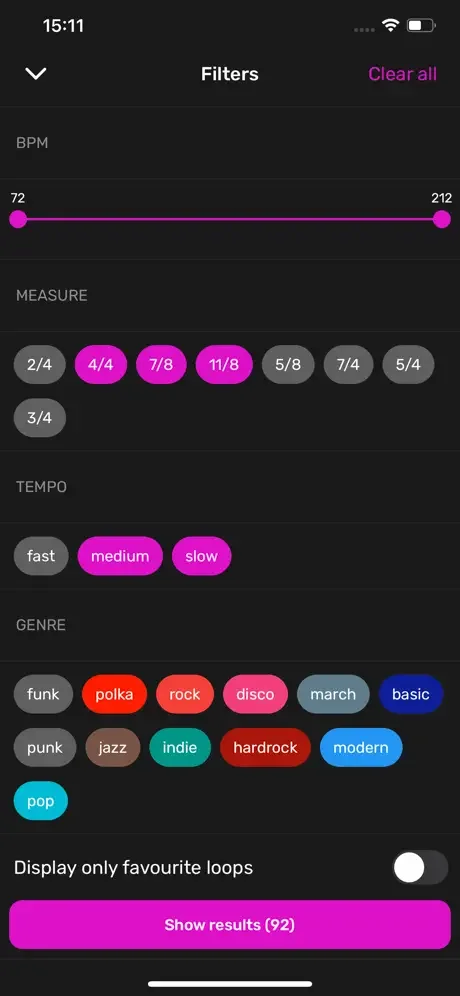 Advanced filter for drum loops with BPM range, time signature, tempo, and music genre selection options