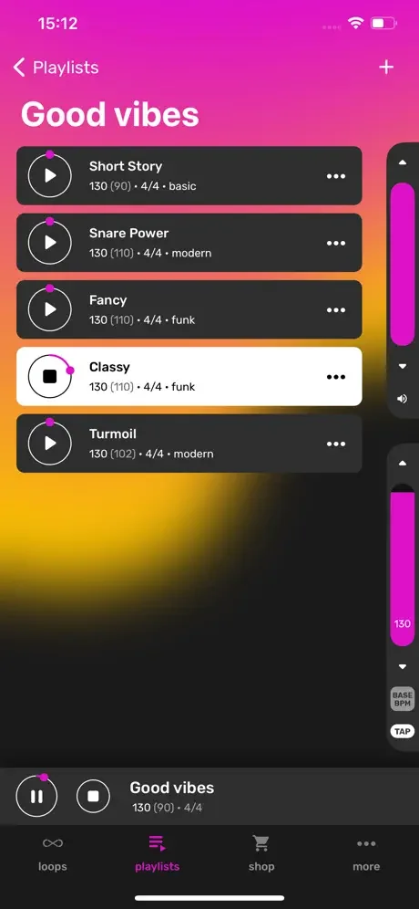 Playlist view displaying 'Good vibes' collection of selected drum loops with BPM, time signature, and genre information
