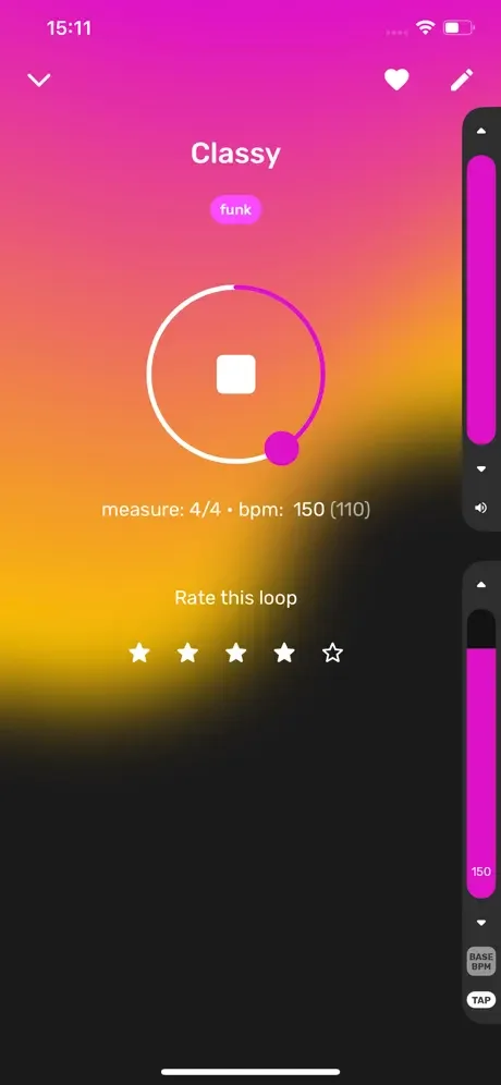 Drum loop detail view for 'Classy' funk beat with BPM 150, measure 4/4, play button, and 5-star rating