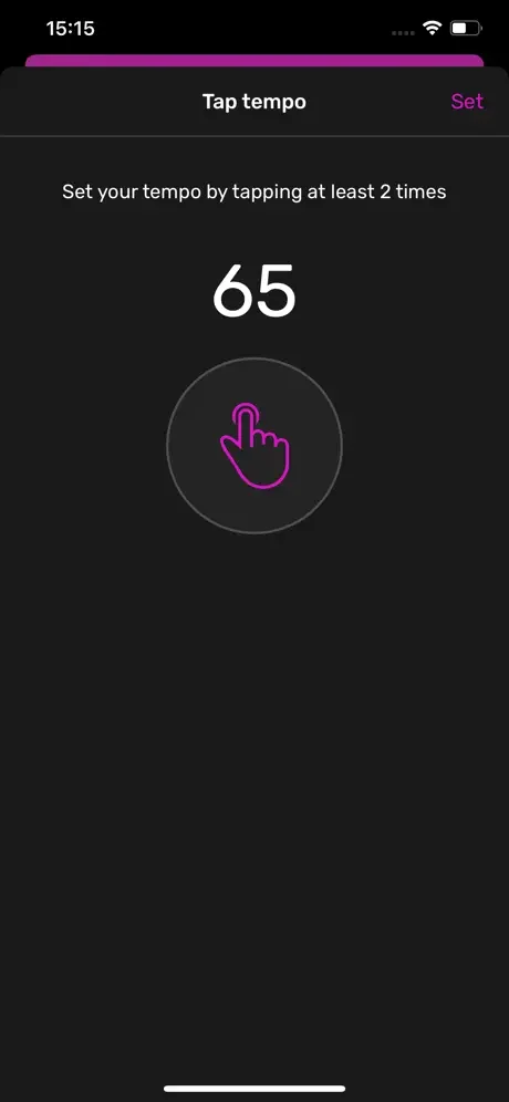 Tap tempo feature allowing users to set custom tempo by tapping gesture, displaying 65 BPM with visual feedback