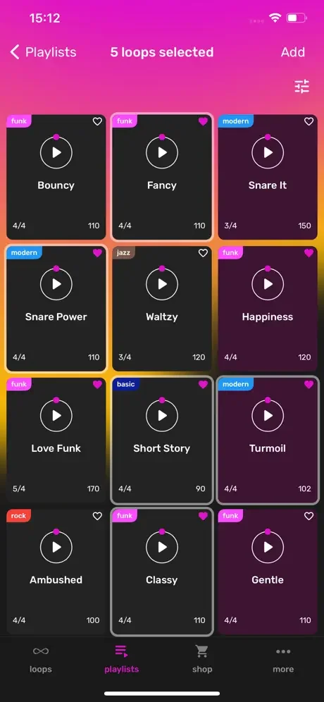 Playlist editing interface showing 5 selected funk and jazz drum loops with favorite markers and selection indicators