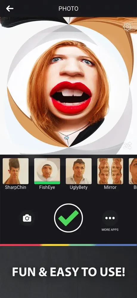 Funny Camera Filters app with SharpChin filter showing exaggerated red lips and circular frame effect on portrait photo