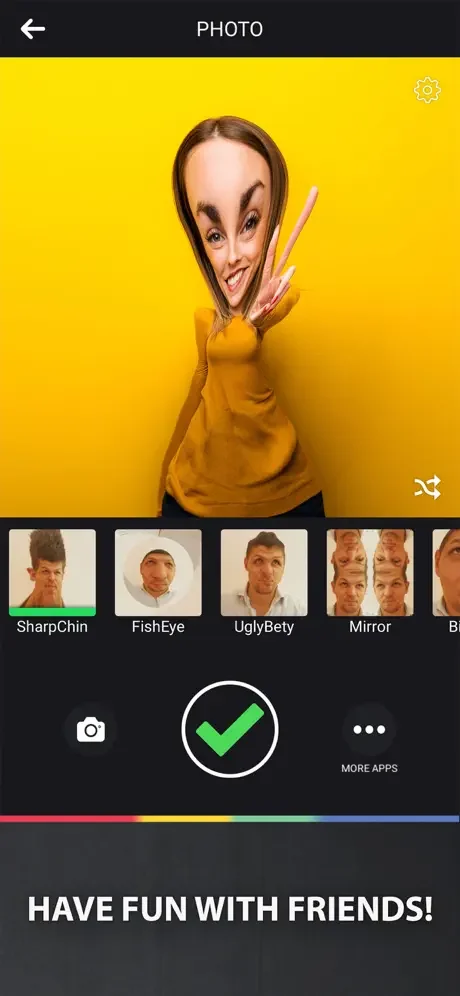Funny Camera Filters app demo showing AlienHead filter with elongated face effect against bright yellow background