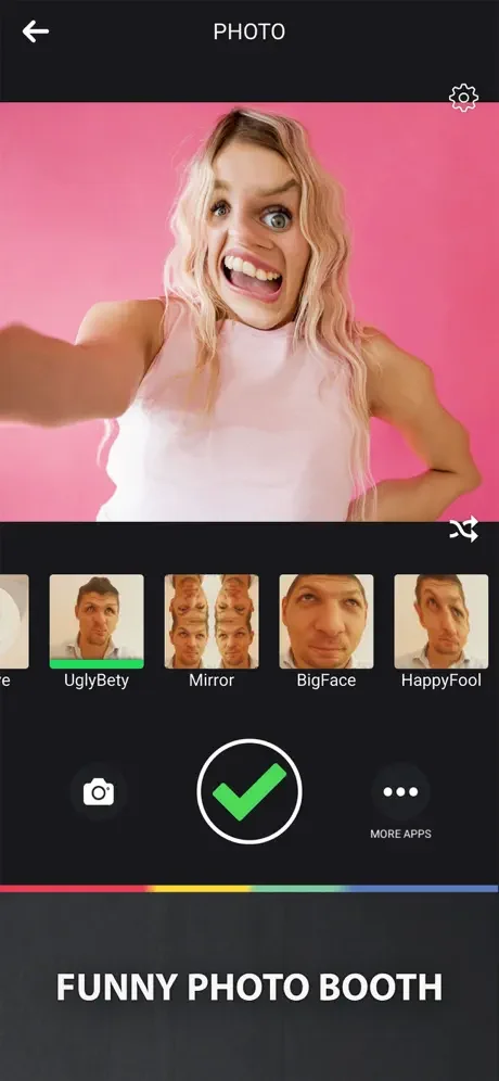 Funny Camera Filters app featuring pink hair and animated expression filter on hot pink background with filter options