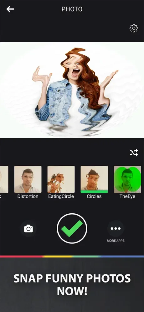 Funny Camera Filters app showing Distortion filter creating stretched body effect with available comedy filter options