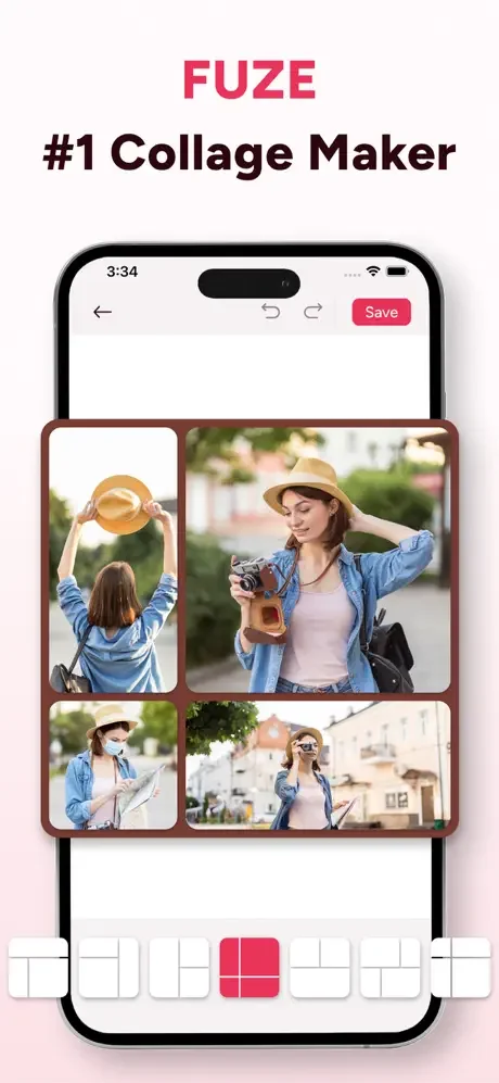 FUZE photo collage maker interface with multi-photo grid layout, brown frames, and collage template options