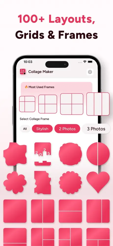 Collage maker app showing 100+ frame layouts, grids, and design templates with stylish and geometric shape options