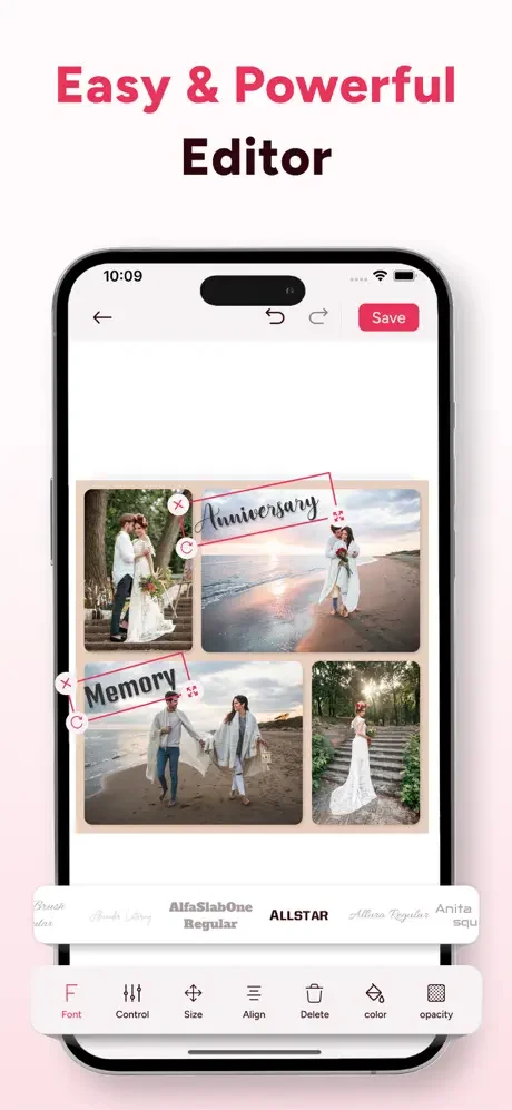 Photo collage editor with text editing, fonts, colors, sizing, alignment, and opacity customization tools