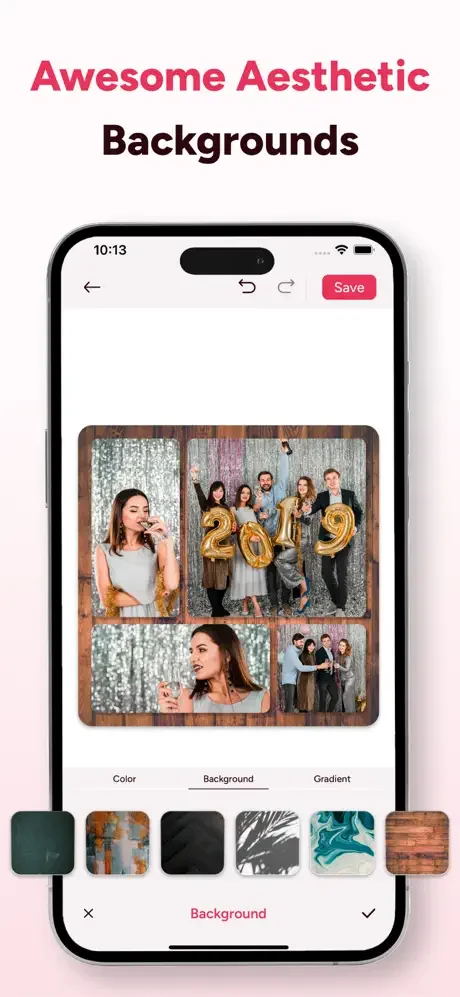 Photo collage background editor with aesthetic texture, color, and gradient options for customizing designs