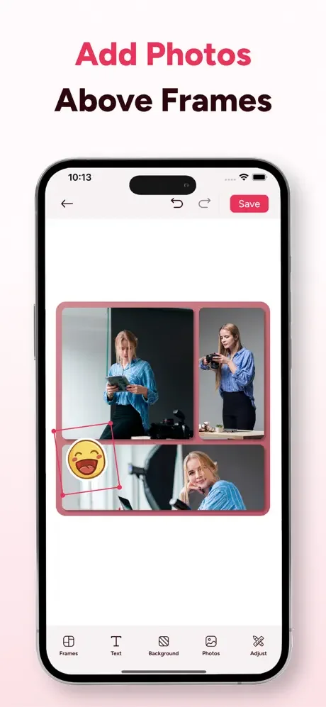 Photo collage editor with frames, stickers, text editing, photo layering, and adjustment tools for decoration
