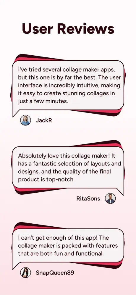 User reviews praising photo collage maker's intuitive interface, layouts, quality designs, and feature-rich functionality