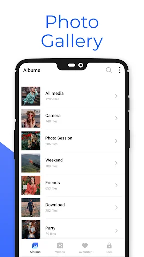 Gallery Photo Album Organizer albums list view with thumbnails and file counts for All Media, Camera, Photo Session, Weekend, Friends, Download, and Party categories