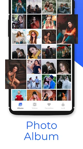 Photo Album grid layout displaying multiple organized personal photos and portraits in a thumbnail grid view for easy browsing and management
