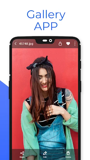 Gallery app photo viewer showing full-screen image with filename, lock and heart icons, and sharing and editing tools at bottom