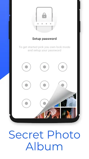 Secret Photo Album password setup screen with 9-dot grid pattern lock interface for securing sensitive photos with private storage protection