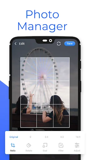 Photo Manager with image editing tools including rotate, crop, filter options and grid overlay for photo adjustment and customization