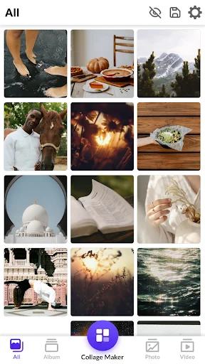 Gallery photo grid view displaying all photos organized in thumbnail layout with album, collage maker, and video organization options
