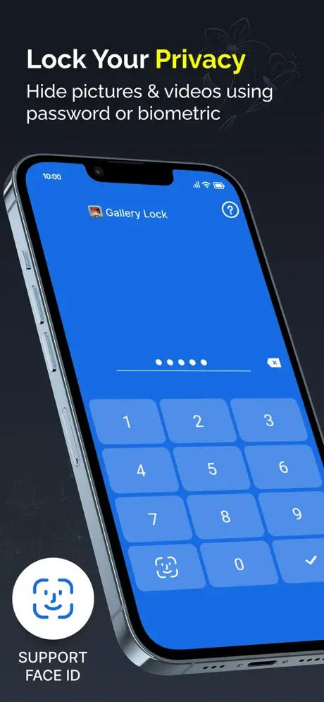 Gallery Lock app PIN pad interface with Face ID biometric authentication for password-protected photo and video privacy vault