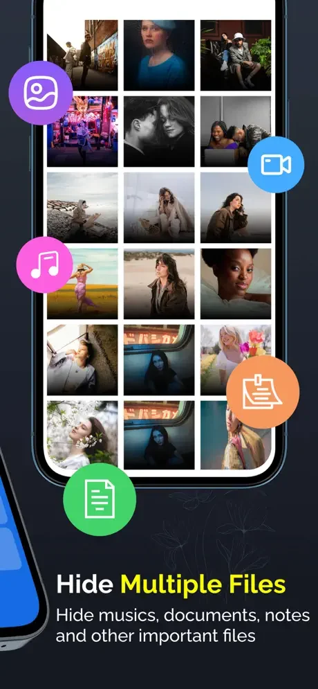 Gallery Lock hiding multiple file types including photos, videos, music, documents and notes in a secure private vault