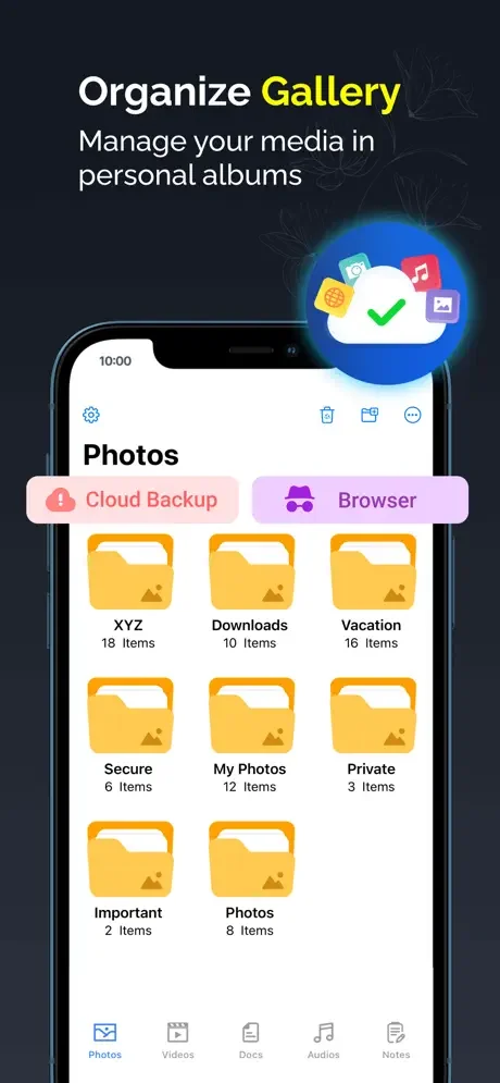 Gallery Lock Photos app interface showing custom personal albums and folders to organize media files by categories