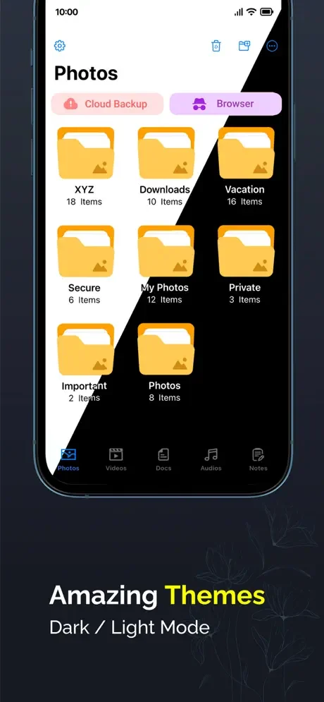 Gallery Lock Photos app with dark and light theme customization options for personalizing vault appearance and interface