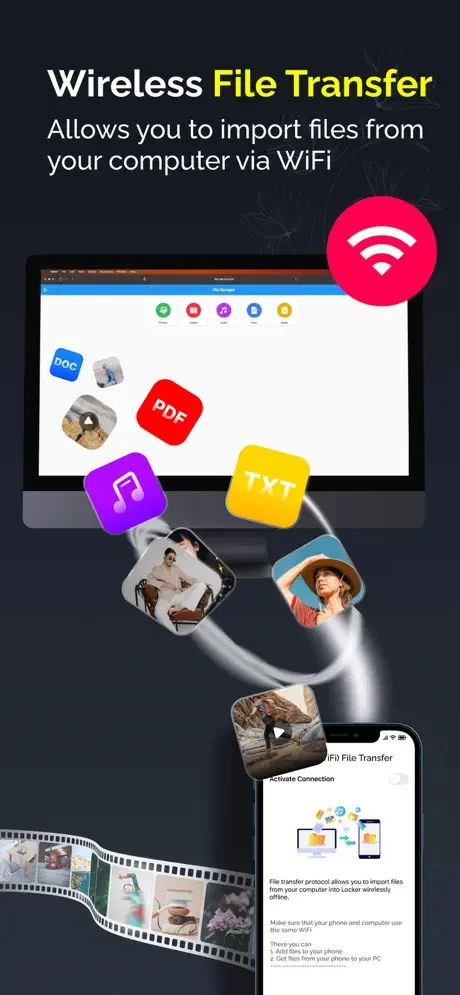 Gallery Lock wireless WiFi file transfer feature for importing photos, documents and files from computer to mobile device