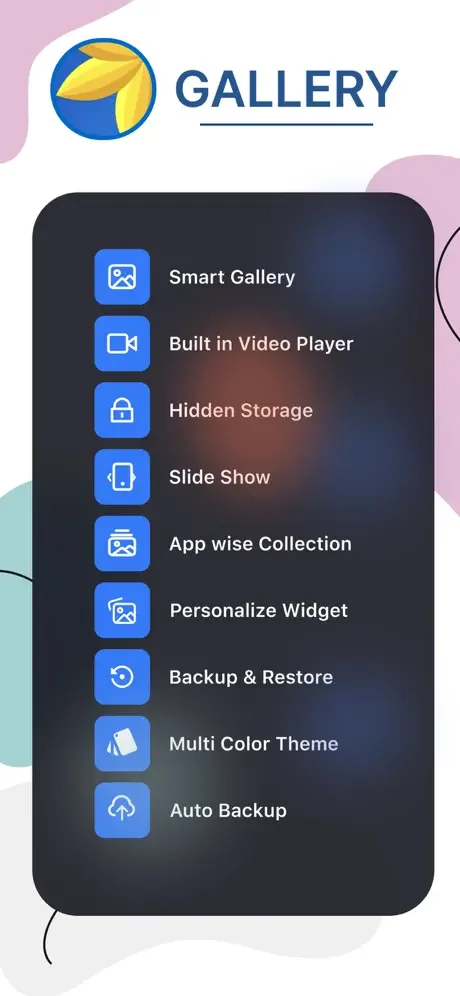 Gallery app main features including Smart Gallery, video player, hidden storage, slideshow, backup, themes, and auto backup