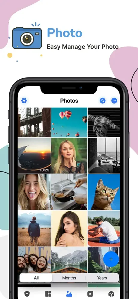Photo organization interface showing personal photo collection grid with sorting by All, Months, and Years viewing options