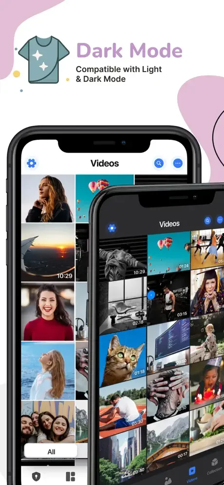 Dark Mode feature showing Videos section in light and dark themes with video grid layout and playback duration timestamps