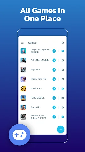 Game booster app Games library featuring League of Legends, Call of Duty Mobile, PUBG Mobile and other popular games