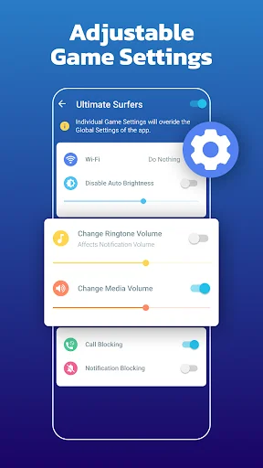 Adjustable Game Settings: Customizable toggles for Wi-Fi, auto brightness, ringtone volume, media volume, and call blocking