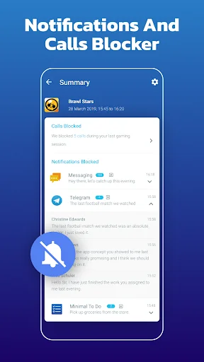 Notifications And Calls Blocker: Summary screen showing call and notification blocking statistics for gaming sessions