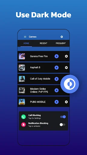 Dark mode Games interface with tabs showing game list and toggling options for call blocking and notification blocking
