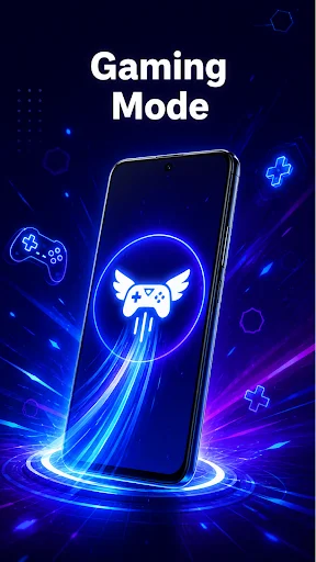 Gaming Mode Game Booster PRO logo with glowing mascot icon and neon controller graphics on smartphone