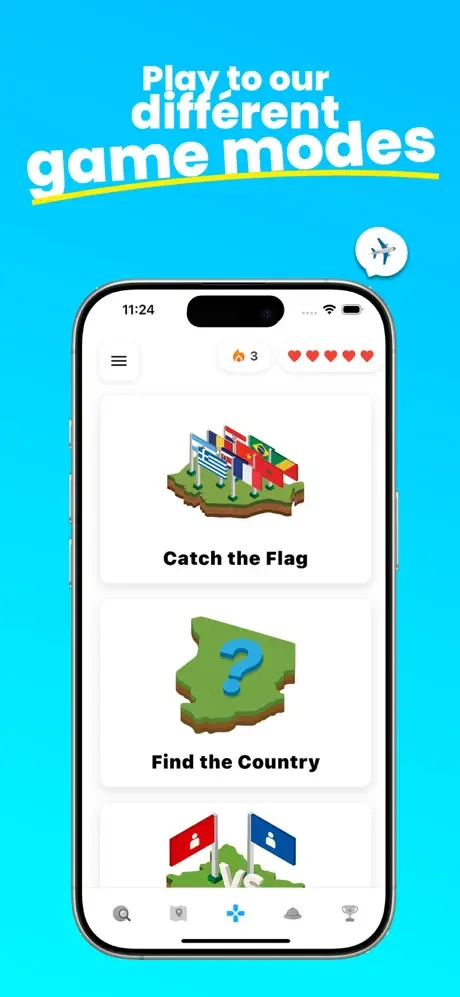 Geolio game modes selection menu showing Catch the Flag and Find the Country gameplay options for geography learning challenges