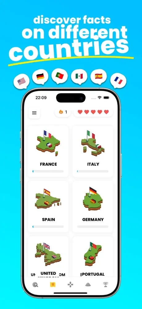Geolio country discovery interface displaying educational cards for France, Italy, Spain, Germany, UK, and Portugal with flags and isometric maps