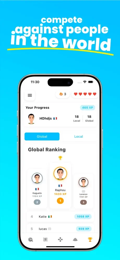 Geolio global leaderboard showing worldwide player rankings with XP points, user profiles, and competitive standings by location