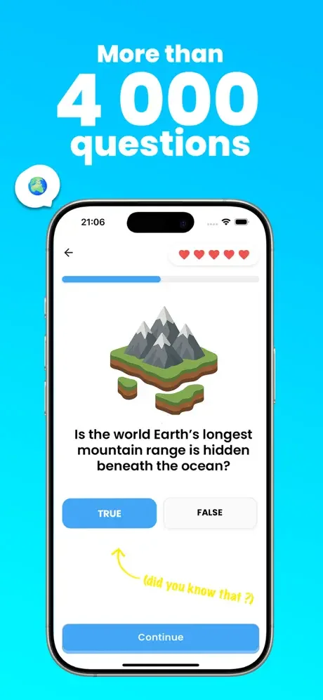 Geolio geography quiz question with true/false options about Earth's mountain ranges and an interactive question progress tracker