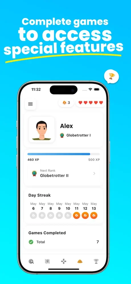 Geolio player profile dashboard showing Globetrotter rank badge, XP progression bar toward 500, daily streak calendar, and total games completed counter