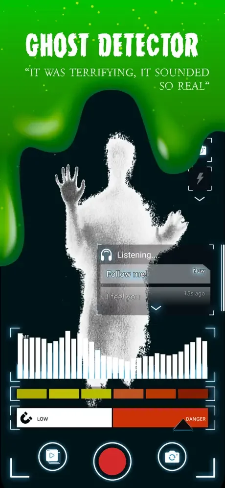 Ghost Detector app main screen showing spirit detection interface with glowing ghost figure, audio waveform, danger level indicator, and spirit communication messages