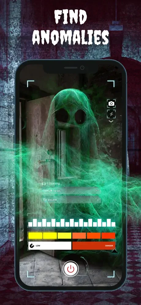 Find Anomalies mode with spectral skull ghost overlay, spirit detection messages, audio visualization, and danger level indicator on device camera