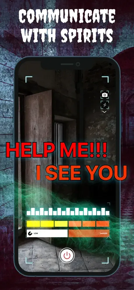 Communicate with Spirits feature showing spirit messages and green glow effects in haunted room with audio waveform and activity detection tools