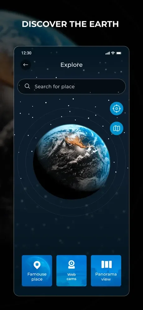 Interactive 3D Earth globe with search, Famous Place, Web Cams, and Panorama View buttons for exploring world locations