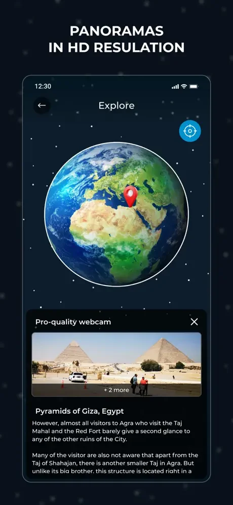 Panoramic HD resolution view of Pyramids of Giza with 3D globe location pin and live webcam card with detailed information