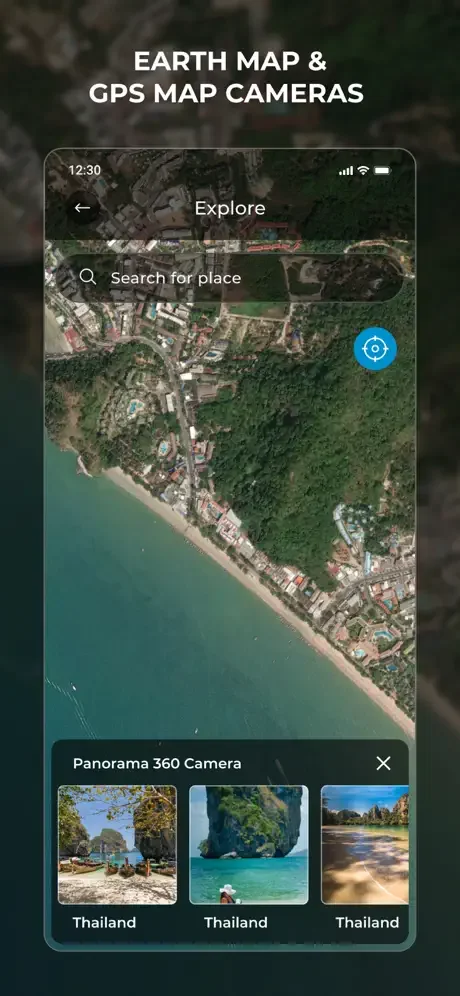 Earth map with GPS camera view of Thailand coastal area showing 360 panorama photos for street-level interactive exploration