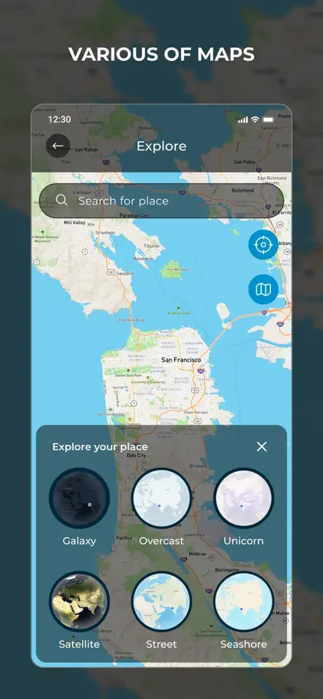 Map view options screen with Galaxy, Overcast, Satellite, Street, and Seashore map types overlaid on California road map