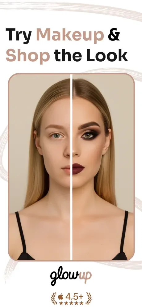 Before and after makeup try-on with shopping feature in GlowUp beauty app, showing virtual makeup application and product checkout
