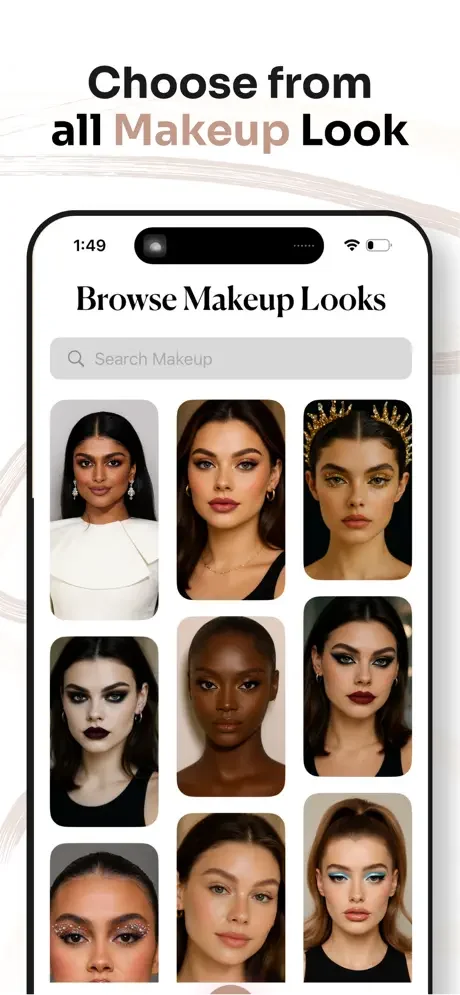 Browse makeup looks gallery displaying diverse makeup styles with search bar to explore different beauty looks